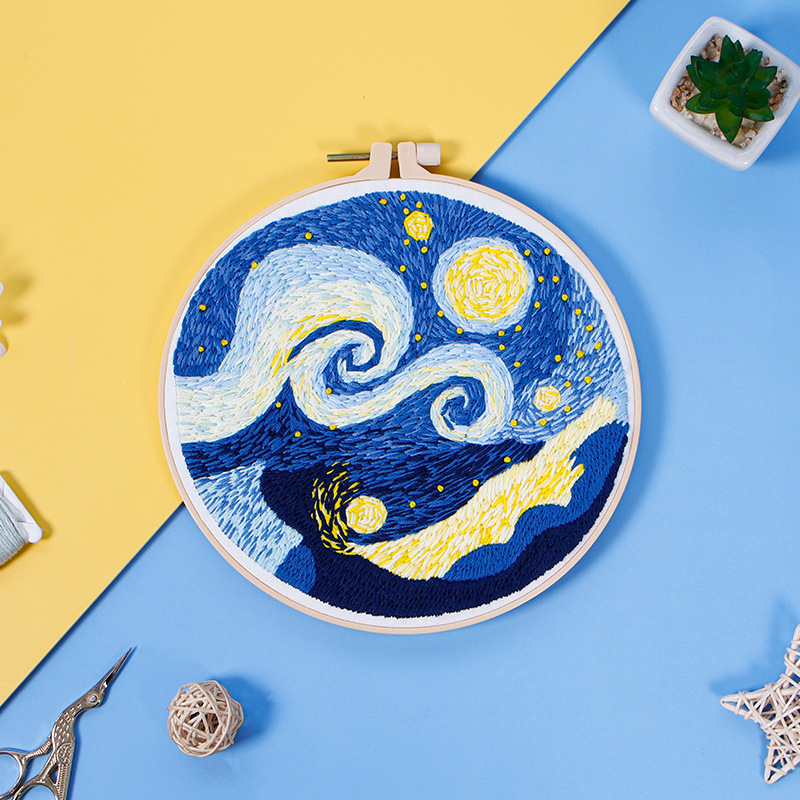 Van Gogh estrellado cielo DIY bordado hecho a mano paquete material costura traje estilo europeo paisaje estrellado cielo onda bordado tela impresión imagen