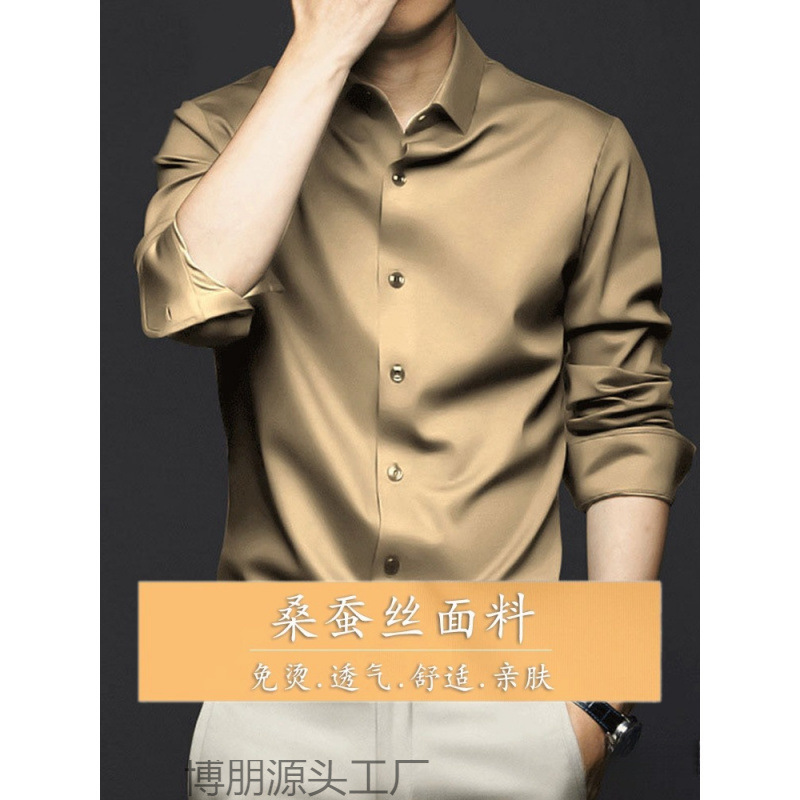 Men's Long-Sleeve Mulberry Silk Shirt, Wrinkle-Free Business 2025 High-End Silk Drape Plus Size Shirt, Suit with a Premium Feel