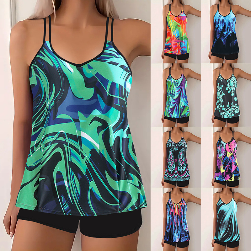 New European and American Swimsuit Women's Bikini Leaf Print Boxer Briefs Bikini Amazon Swimsuit