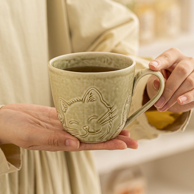 日式创意粗陶咖啡杯复古挂耳咖啡杯红茶杯早餐杯可爱浮雕马克杯|undefined