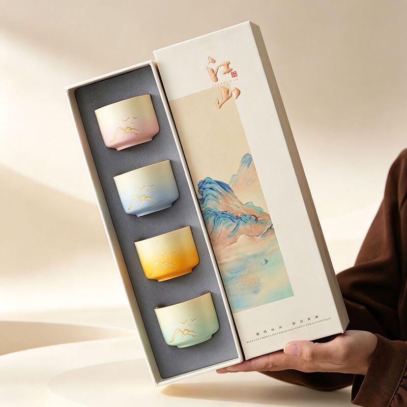 Tea Cup Gift Set with a Thousand Miles of Rivers and Mountains, Ceramic Master Cup, Single Cup, Hand-Painted Tea Cup, Chinese-Style Cultural and Creative Souvenir