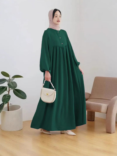 New Muslim Women's Long Robe: Stylish, Casual, with Puff Sleeves—Simple, Loose-Fitting, Solid-Color Dress