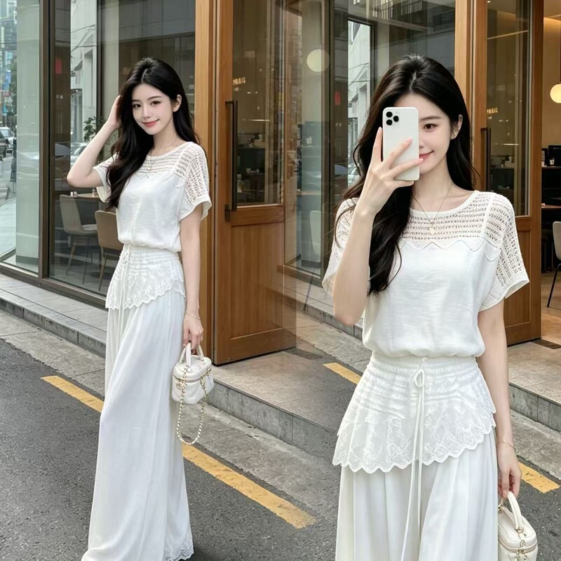 New summer fashion women's thin knitwear set: casual summer T-shirt and wide-leg pants