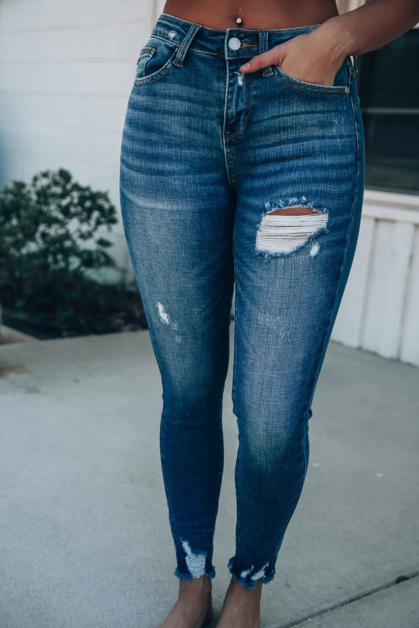 Fashion Dark Blue High-rise Ripped Jeans