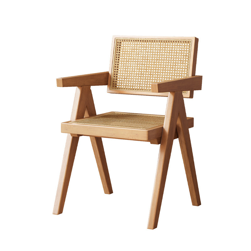 Silla de comedor de ratán para el hogar 2024 nuevo estilo medieval, silla chandigarh, silla trasera, silla de té de madera maciza de cera blanca