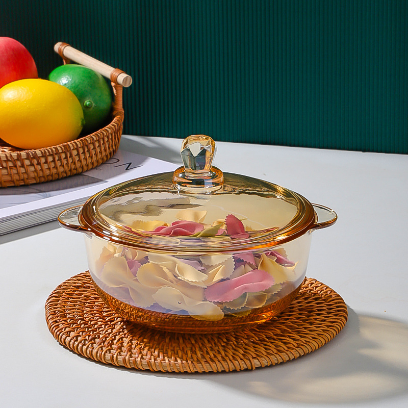 Binaural Glass Brown Bowl and Dish Set Fruit Salad Household Rice Bowl Heat-Resistant Soup Bowl Instant Noodle Bowl Tableware Set