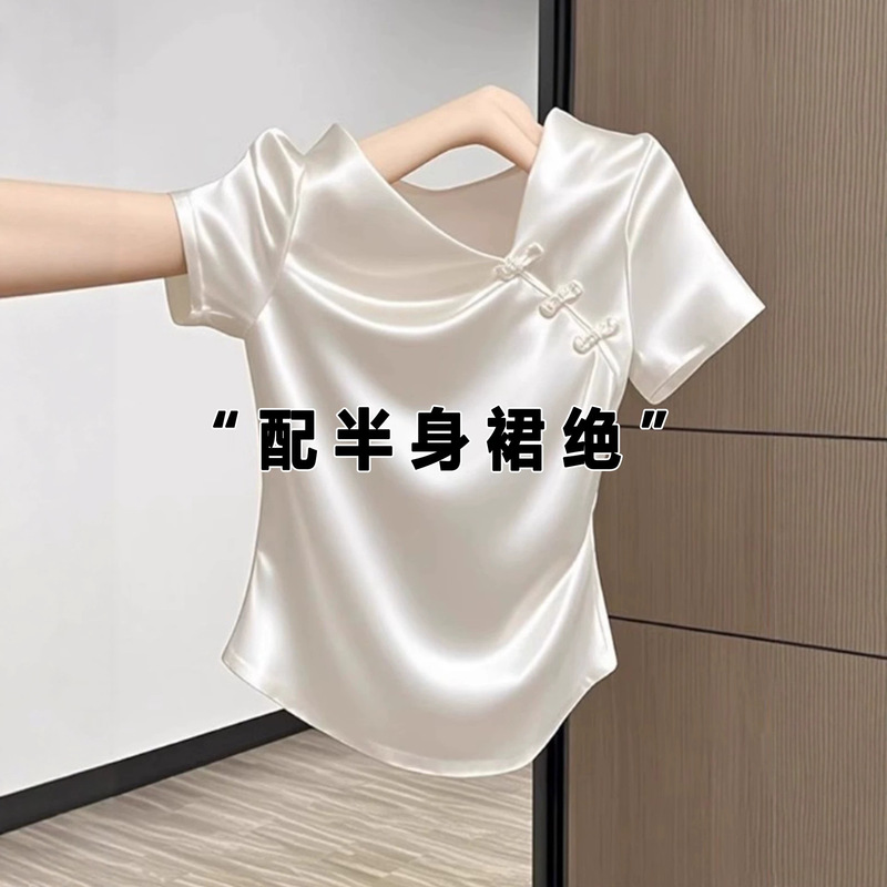 New Chinese-Style National Style Acetate Satin Short-Sleeve Shirt for Women, Summer Plus Size, Flattering for Curvy Figures, Super Stylish Top