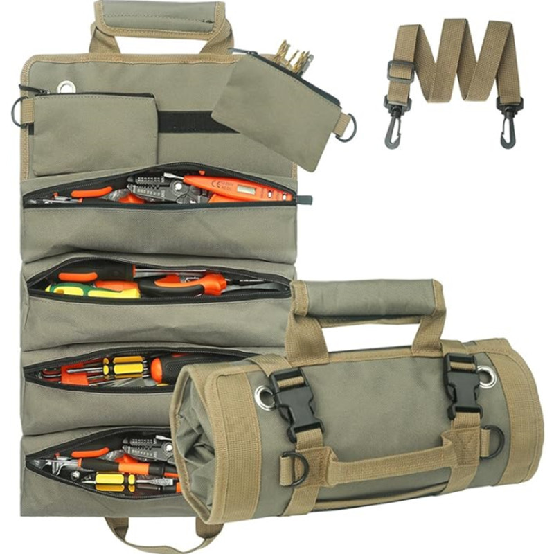 跨境亚马逊牛津布工具包可卷起加厚耐磨带 4 个大口袋可存放工具