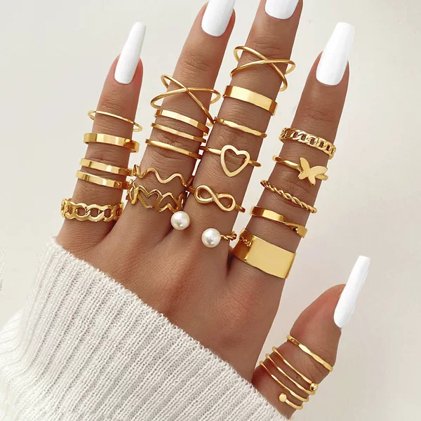 Cross-border electrophoresis black butterfly diamond ring mixed batch pearl ring women's niche high-grade joint ring 23 pieces suit