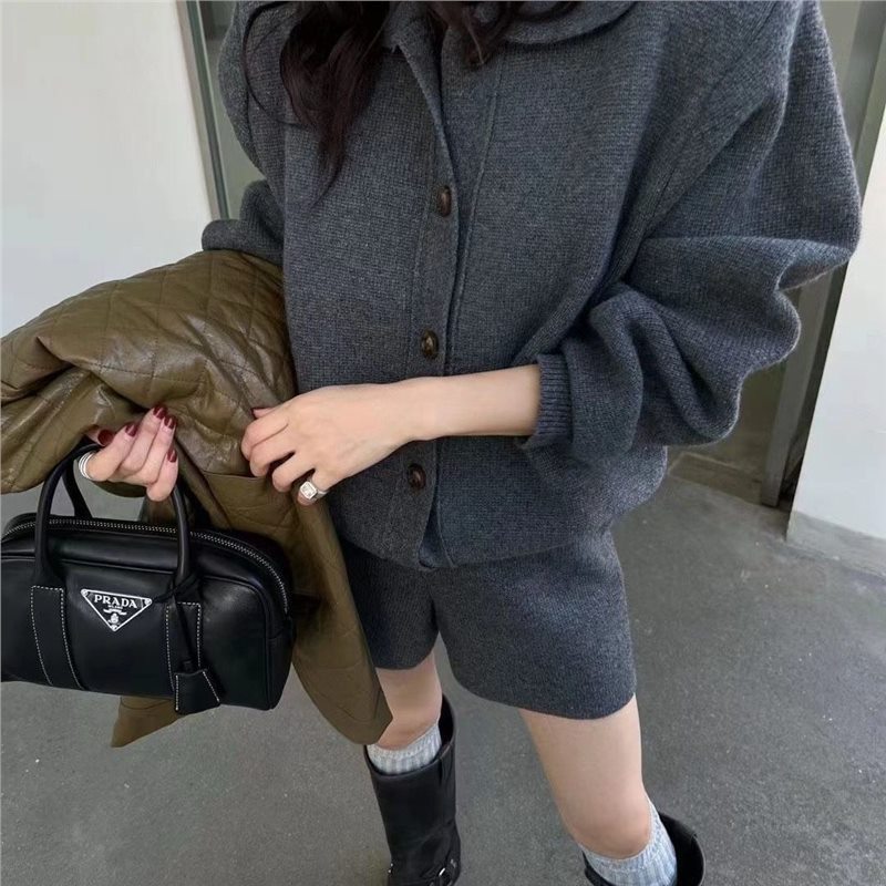毛衣两件套女2024秋冬气质Polo领针织衫+高腰休闲短裤套装|undefined