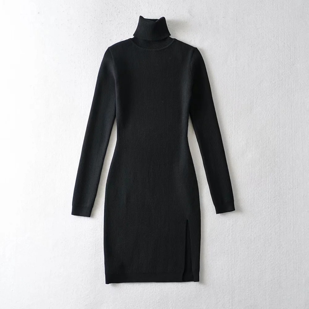 long-sleeved high-neck side slit knitted dress NSHS46878