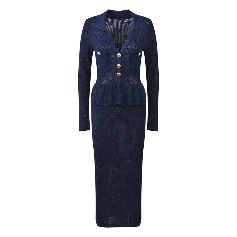 2025 Autumn New Style Socialite Chic Lapel Long Sleeve Bow Print Ruffle Long Knitted Dress