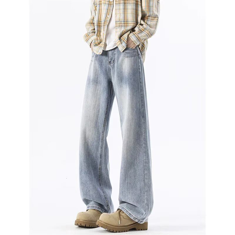 Early Autumn Neutral Style Washed Bamboo Pattern Jeans for Men and Women, Handsome Design Pants, Slightly Flared Straight Pants