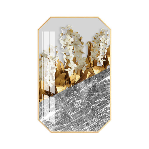 Octagonal decorative painting, modern living room hanging painting, simple dining room, Nordic gold leaf leaf, creative light luxury crystal porcelain mural