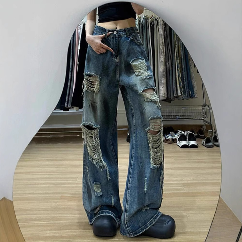 破洞慵懒松弛感裤子女美式复古高街hiphop宽松阔腿个性乞丐牛仔裤