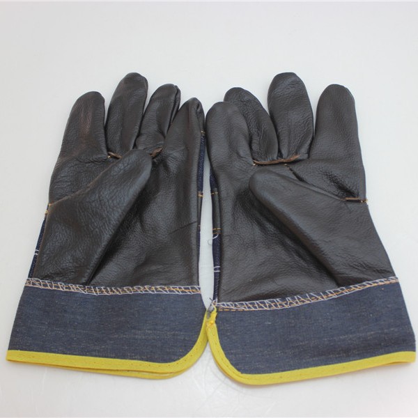 批发高密二刀牛仔布一层短皮手套 深色短皮电焊手套 牛皮劳保手套