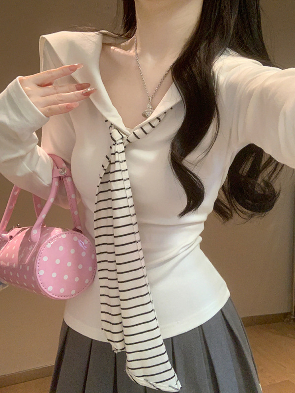 学院风白色海军领假两件长袖t恤女早秋修身miu系条纹领带v领上衣|undefined