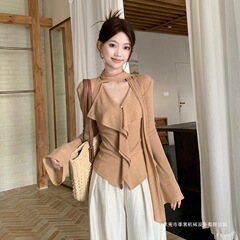 入秋松弛系设计感飘带V领T恤女长袖上衣+麻色阔腿裤休闲长裤套装