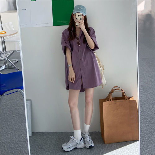 Women's Loose Blue Short-Sleeve Shirt, Korean Style, Medium-Long Length, BF Style Top, Stylish and Fashionable Shirt Dress