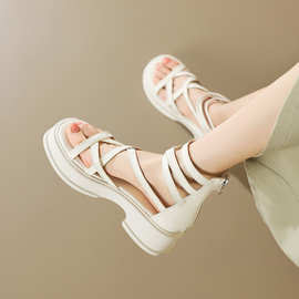 罗马凉鞋女夏季外穿2024新款高帮绑带凉靴厚底高跟镂空法式仙女风