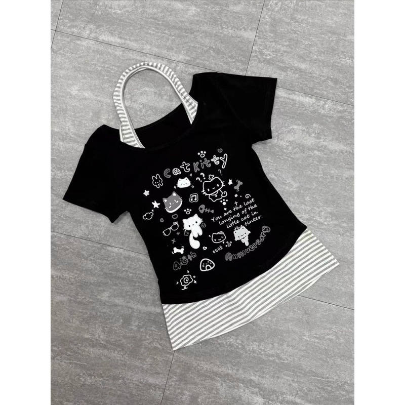 かわいいデザインニッチストライプホルターネックかわいい猫半袖Tシャツレディース夏ホームスタイルスリムフィットショートトップ|undefined