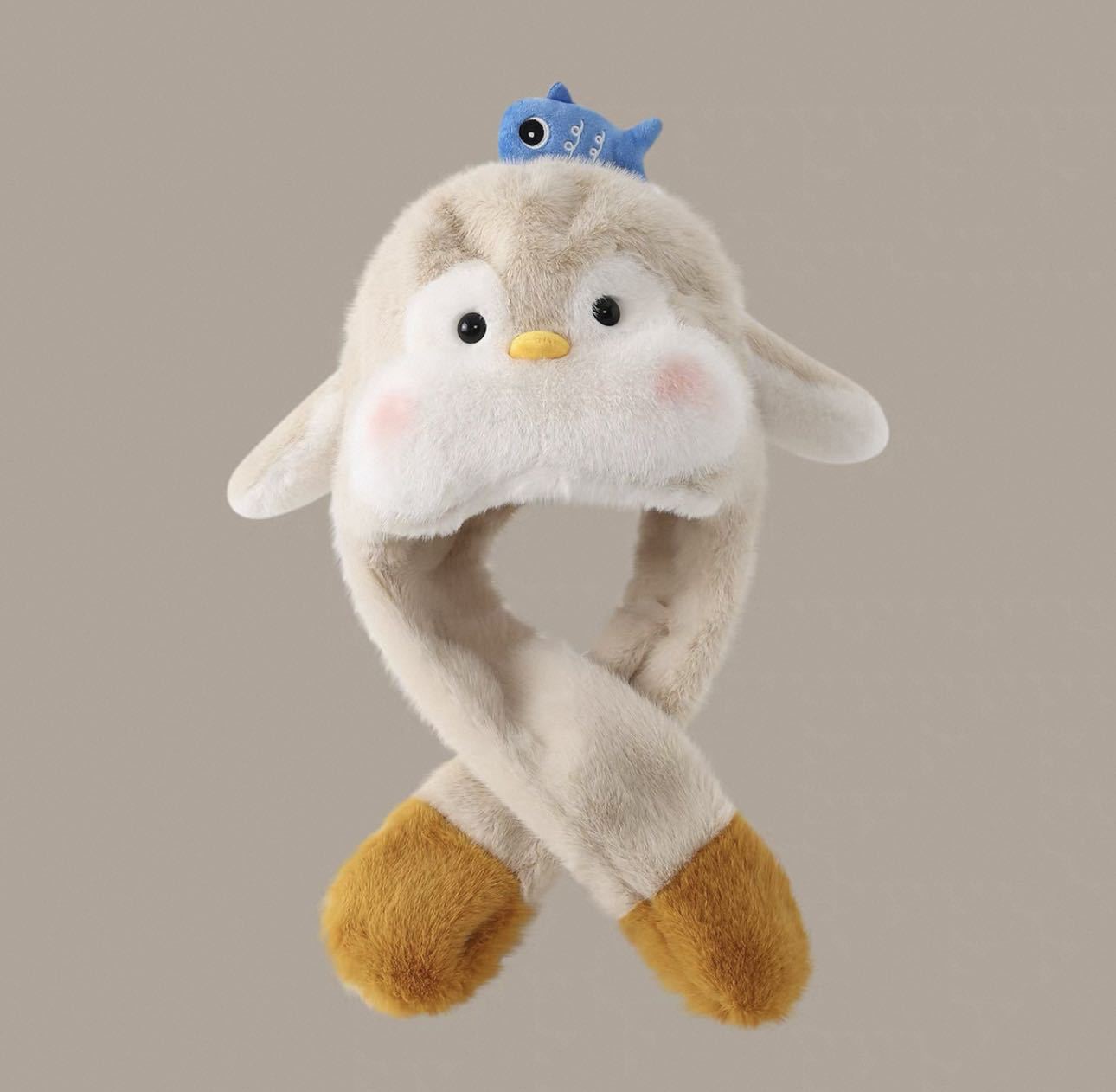 Bonito pingüino para niños sombrero de peluche bufandas de invierno para mujeres calentamiento cuello orejas se moverán gorras protectoras de orejas