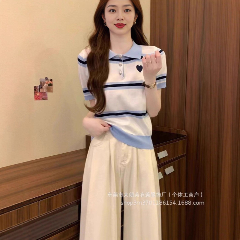 Summer New Striped Polo Collar Knit Sweater for Women, Loose Fit, Slimming, College Style, Versatile, Fashionable, Age-Reducing, Heart-Shaped Top