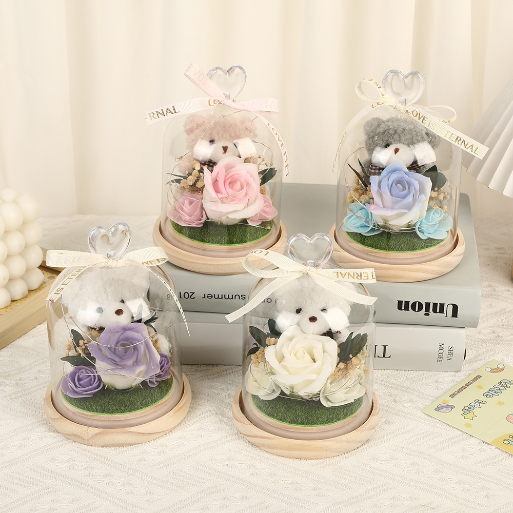 新款仿真花玻璃罩塑料罩礼品可爱风小熊情人节礼物高级感花灯批发