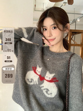 张贝贝ibell浣熊绒羊毛螺纹圆领艺术感复古撞色猫咪提花毛衣女