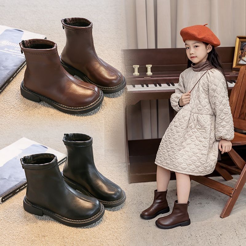 2025 Autumn and Winter New Korean Style Kidsren's Boots, Simple Medium and Large Kidsren's Style Single Boots, Baby Girl's Fleece-Lined Small Leather Boots