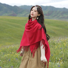红色围巾女两用流苏三角巾外搭云南丽江旅游拍照穿搭民族风披肩