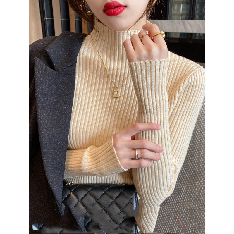 Half Turtleneck Sweater Base Shirt for Women, Autumn and Winter Thickened 2024 New Style, Versatile White Top, Stylish Knit Half Turtleneck Sweater Base Shirt for Women, Autumn and Winter Thickened 2024 New Style, Versatile White Top, Stylish Knit