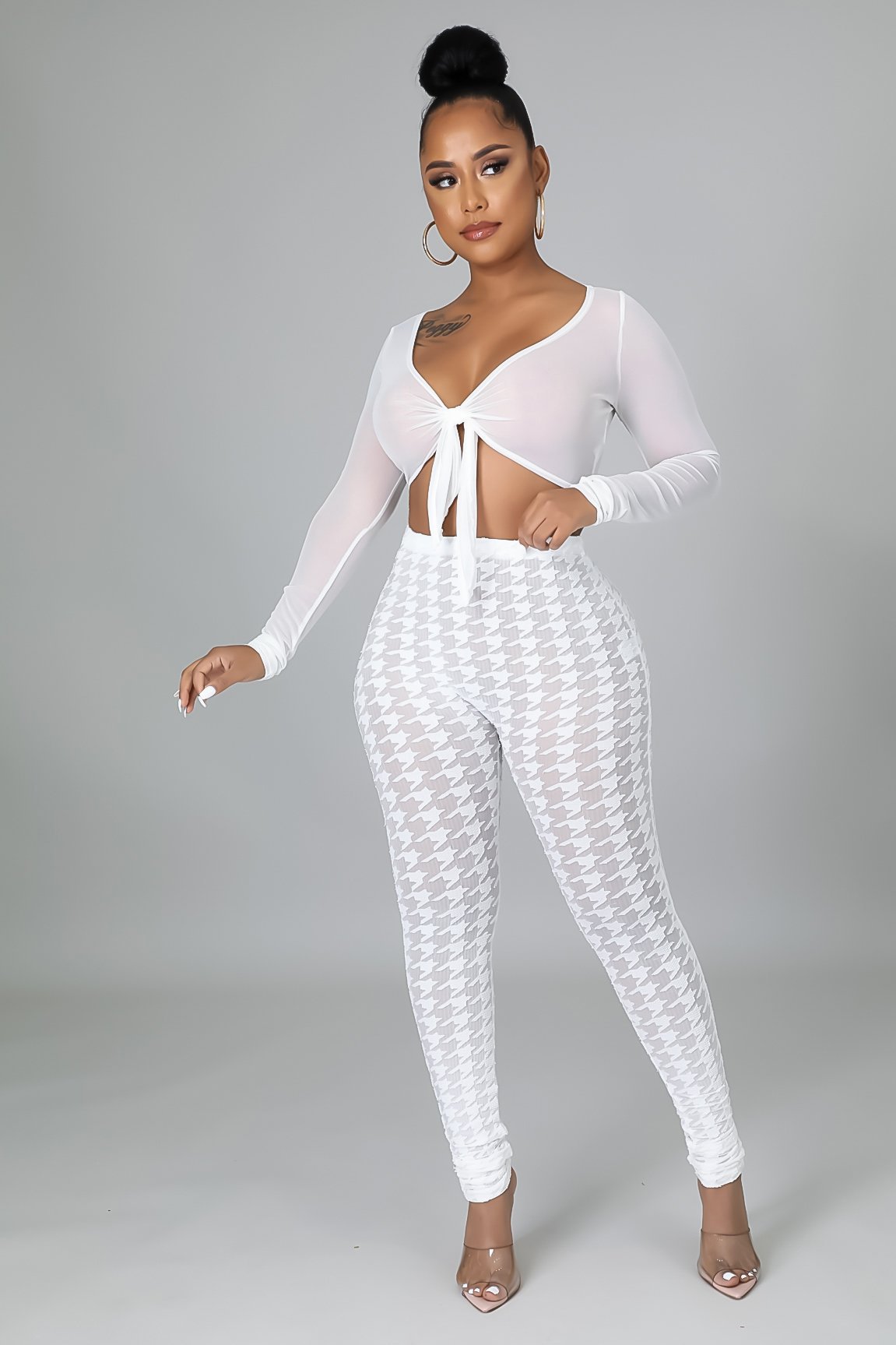 women s houndstooth mesh V-neck top and trousers two-piece suit nihaostyles clothing wholesale NSTYF77058