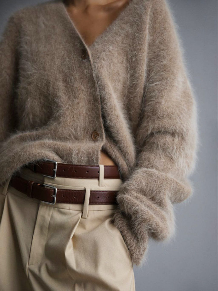Áo cardigan len dệt kim giả lông chồn cổ V tay dài form rộng nữ — Màu hồng, Màu kaki, Màu trắng, Màu xám nhạt chi tiết 20