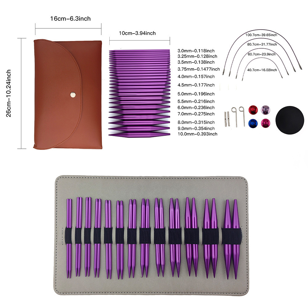 Agujas de suéter transfronterizas de aleación de aluminio púrpura desmontables set de aguja de anillo 100MM longitud un conjunto de 13 tarjetas de pago