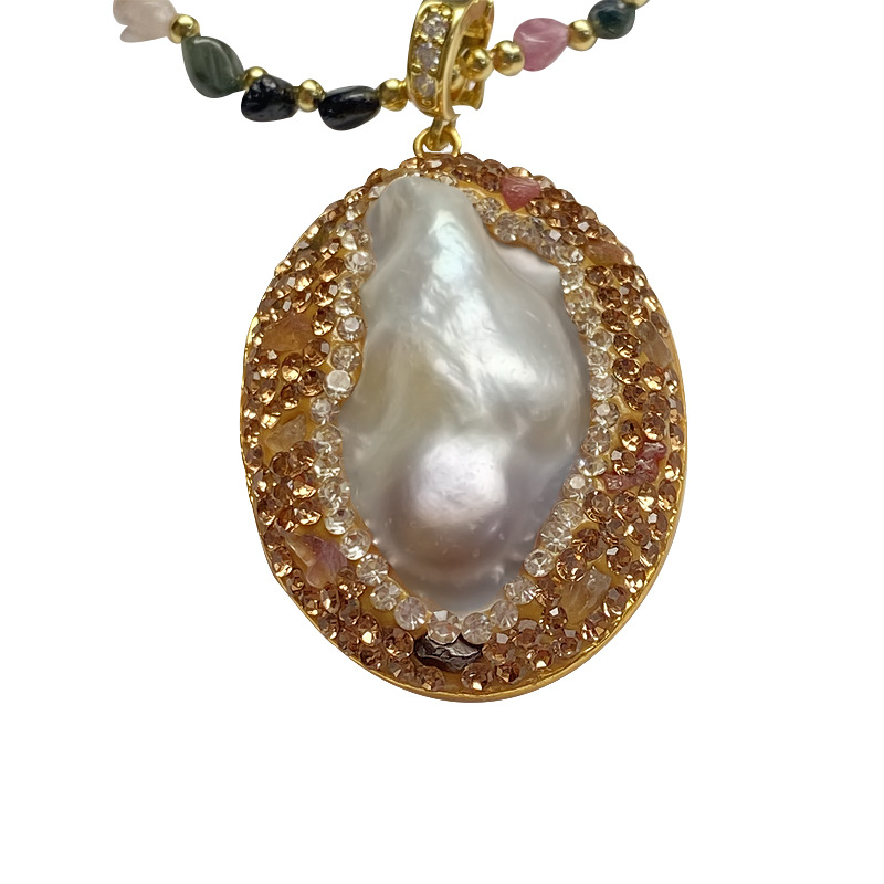 Colar com pingente de pérola barroca natural e turmalina ouro_voghion.com