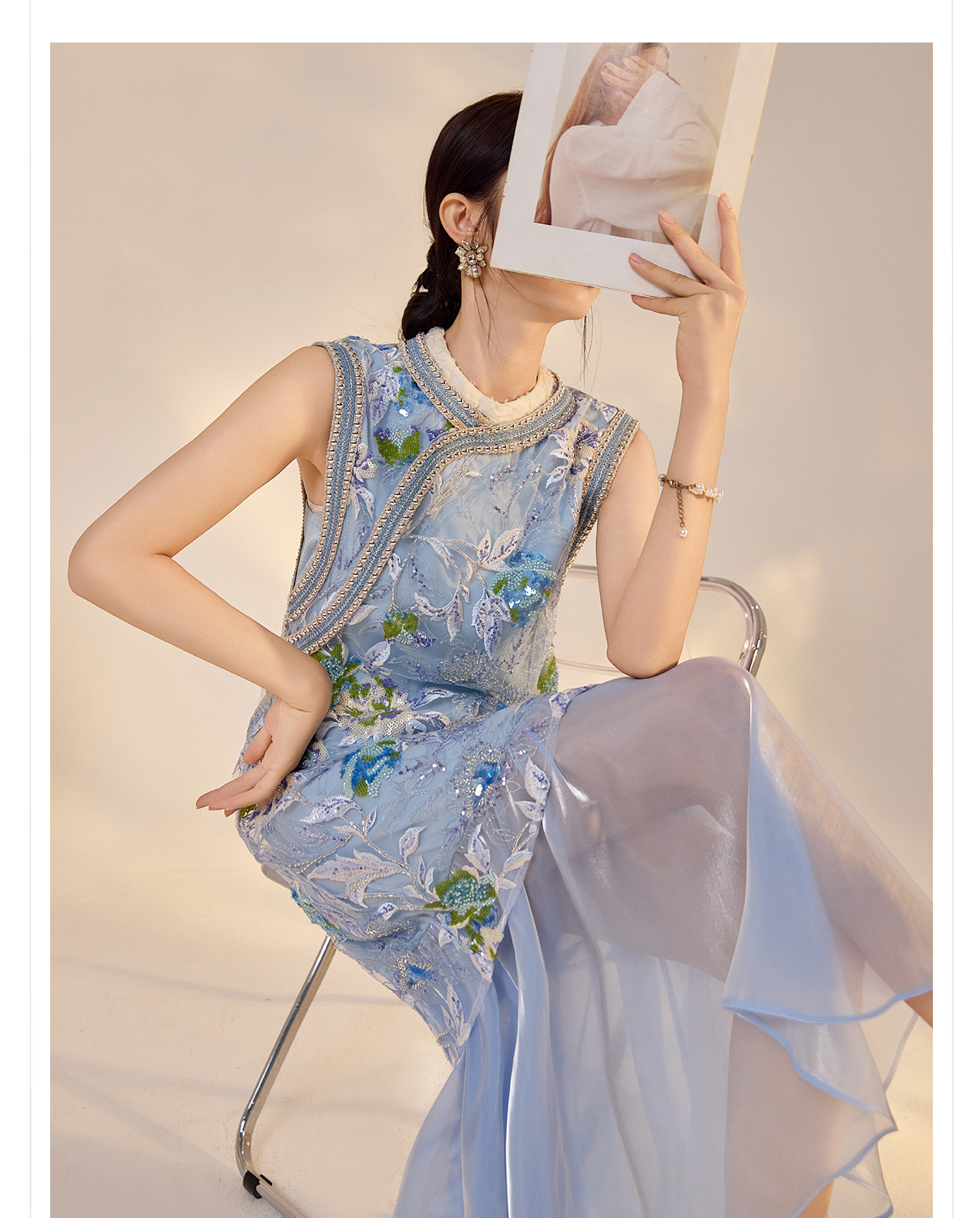 Váy sườn xám maxi thêu sequin phong cách Trung Quốc mới mùa hè N5042 — hồng, Xanh lam sông băng chi tiết 5
