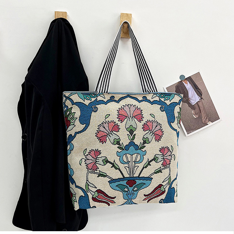 195g Weight Polyester Lining Material Zipper Closure Type Double Shoulder Straps Strap Type Canvas Bag Bags Type Holiday, Travel Occasion Canvas Material Geometric Pattern All Seasons Season Women's Gender Vacation, Ethnic Style Style Medium Size Women's Medium Canvas Geometric Vacation Ethnic Style Zipper Canvas Bag 9