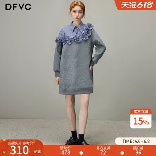 dfvc设计感假两件格子衬衫拼接厚T恤裙女2025年冬季新款休闲洋装