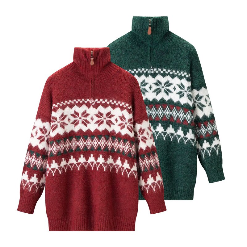 American-Style Fair Isle Half-Zip Pullover Red Sweater for Women, Spring and Autumn Christmas Knitwear, Mid-Length Top American-Style Fair Isle Half-Zip Pullover Red Sweater for Women, Spring and Autumn Christmas Knitwear, Mid-Length Top