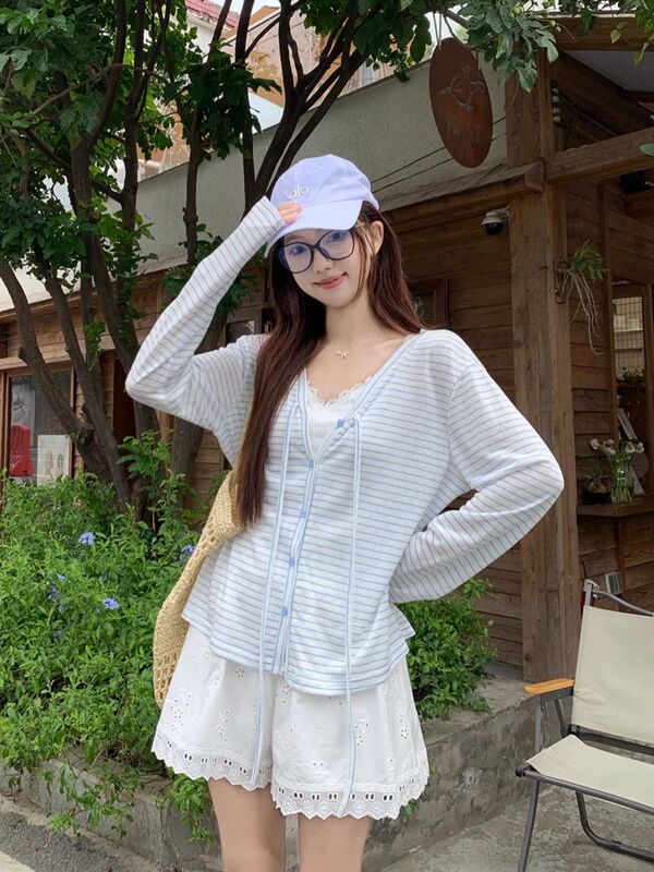 韓国ストライプレース薄いテンセル日焼け止めセーター女性のための 2025 夏の新しいルーズ V ネックトップカーディガン|undefined