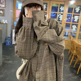 美式复古格子衬衫外套女宽松衬衣上衣秋季新款时尚百搭设计感衬衫