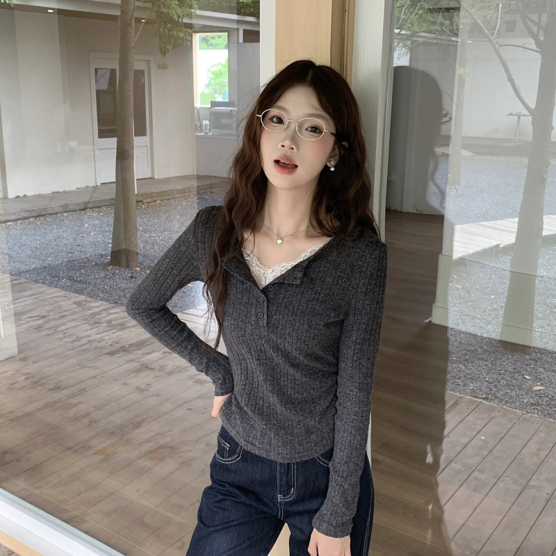 实拍#美式收腰长袖T恤女秋季高级感修身打底衫女内搭黄色蕾丝|undefined
