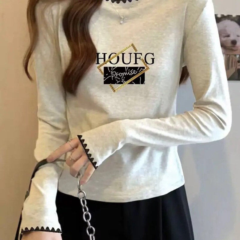 American-style long-sleeve t-shirt for women, uniquely designed niche women's base layer top, thin top for early autumn American-style long-sleeve t-shirt for women, uniquely designed niche women's base layer top, thin top for early autumn