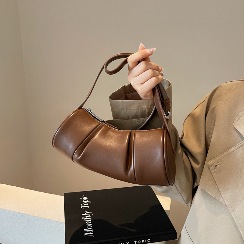 Solid Colour Pu Leather Cylindrical Pleated Shoulder Bag For Women_voghion.com