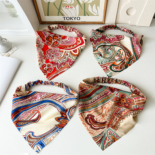 2024 Summer Retro Elastic Headband Triangular Scarf European and American Style Headband Hair Tie Three States In Stock