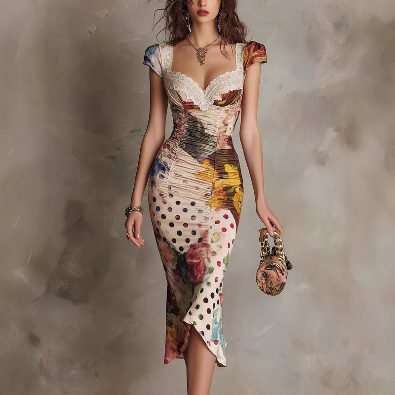 2026 European and American Retro Printed Slim-Fit Dress, New Summer Style for Women, Waist-Cinching, Slimming, Elegant Party Dress 2026 European and American Retro Printed Slim-Fit Dress, New Summer Style for Women, Waist-Cinching, Slimming, Elegant Party Dress