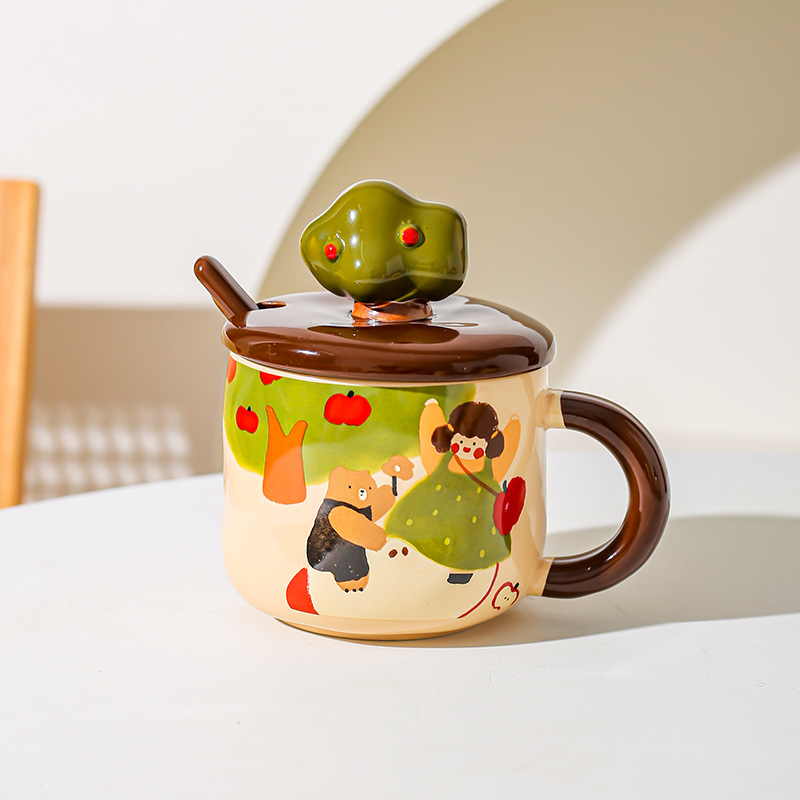 Apple Tree Girl cerámica vintage taza de alto valor con cuchara de cubierta taza de agua de oficina taza de café taza de desayuno
