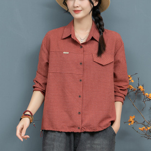 Real shot 2025 spring new plaid lapel casual art loose slim long sleeve shirt coat women