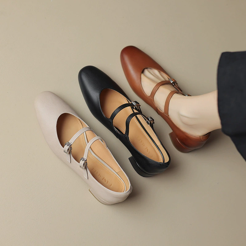 Кожаные туфли Мэри Джейн из чистой кожи в стиле ретро на массивном каблуке 2023 Лето и осень Новые однослойные туфли из натуральной кожи на среднем каблуке с мелким ртом